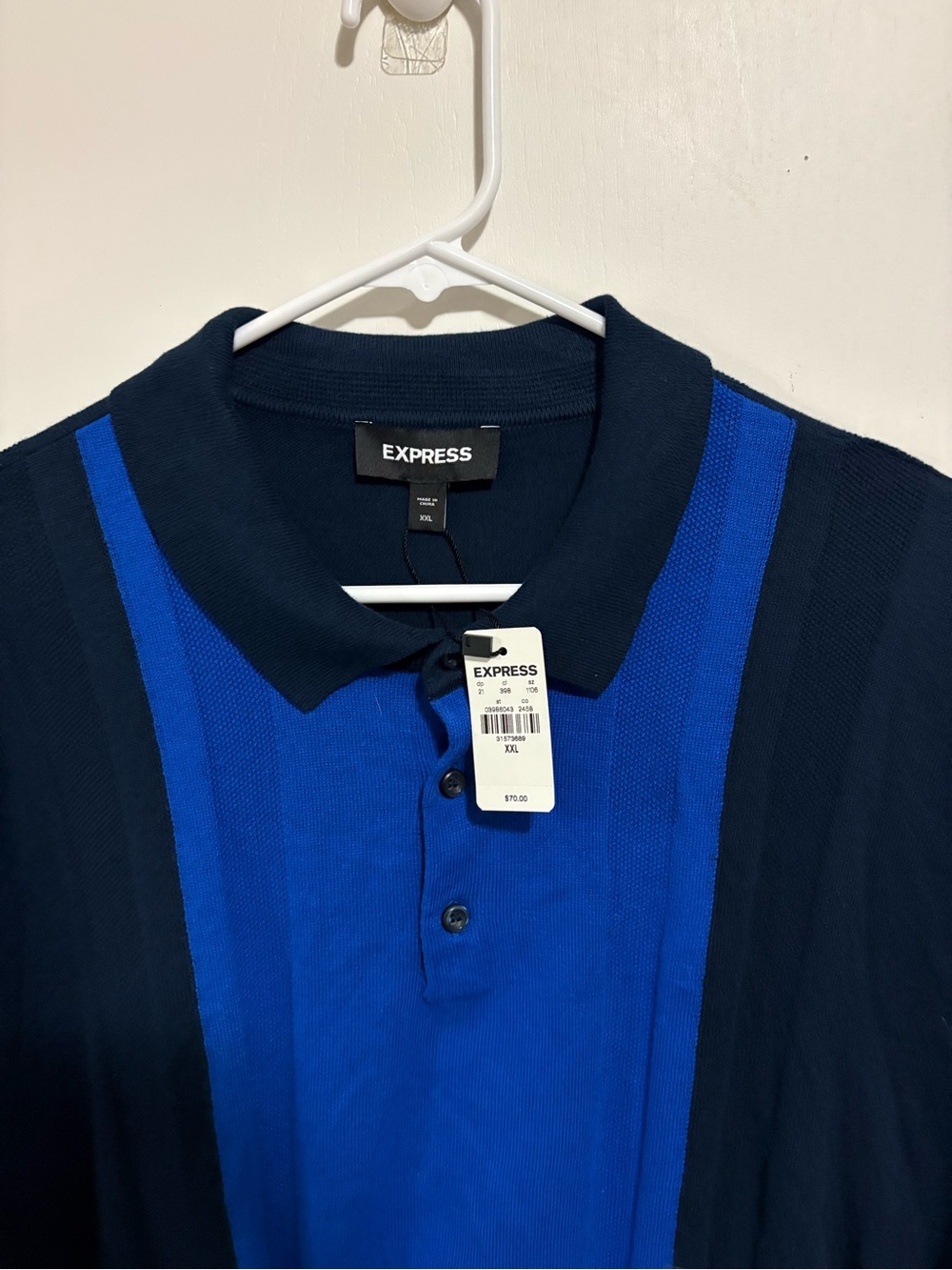 NEW Express Knit Color block Polo Shirt Mens XXL Blue Short Sleeve Button Up - Picture 3 of 7